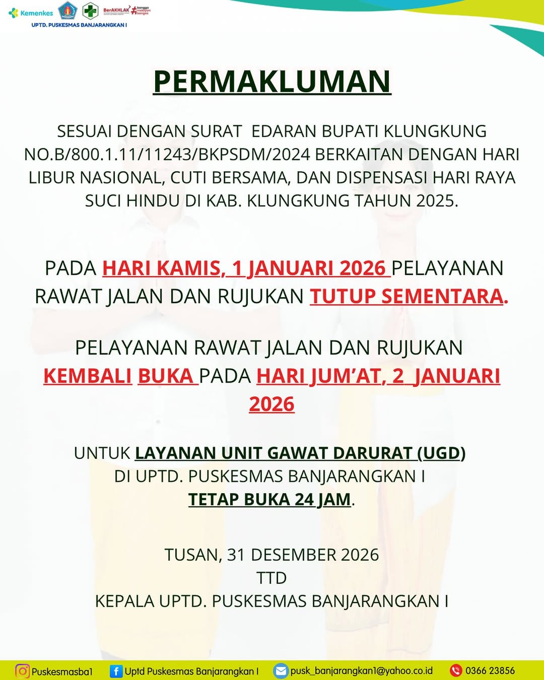 Permakluman: Kamis, 01 Januari 2026
